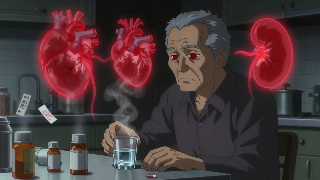 An elderly man in a dim kitchen surrounded by pill bottles, with glowing warning overlays of his organs.
