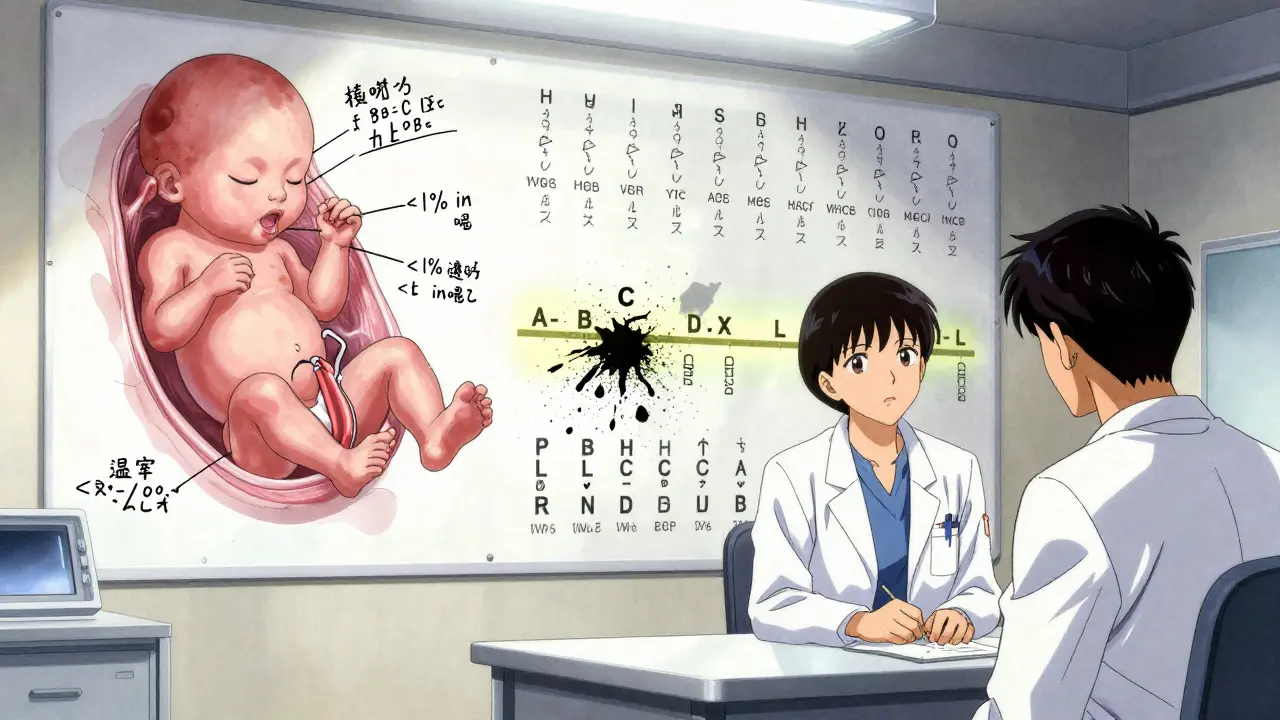 Doctor and patient in a hospital with annotated anatomical diagrams and crumbling old drug categories turning into new PLLR labels.