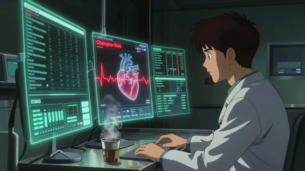 Doctor studying holographic patient data showing heart rhythm risks from a medication in a dim hospital ward.