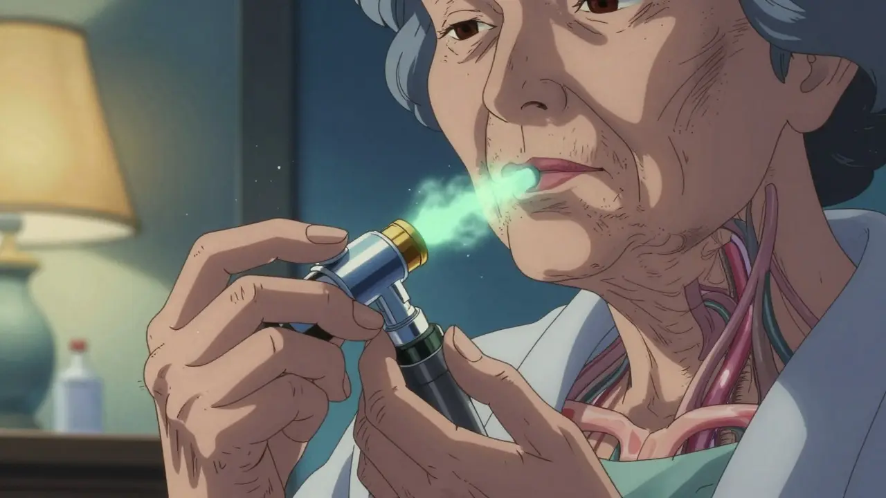 Elderly woman correctly using inhaler with spacer, green mist flowing into lungs