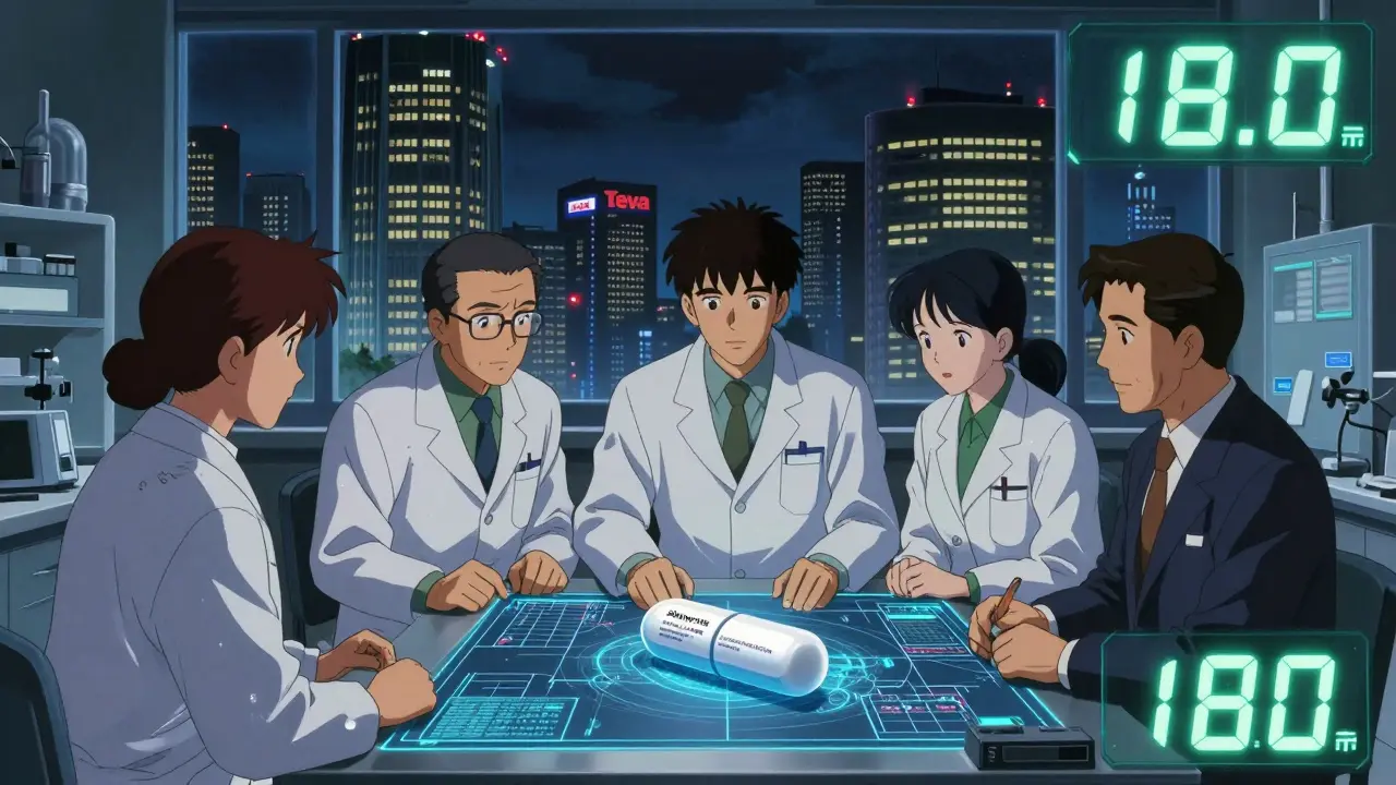 Engineers edit a generic pill label to omit a patented use, with a 180-day exclusivity countdown glowing nearby.