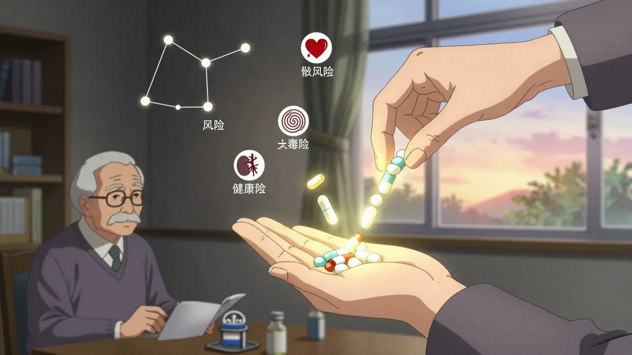 Floating pills arranged into a safe, glowing pattern around a pill organizer at sunrise.