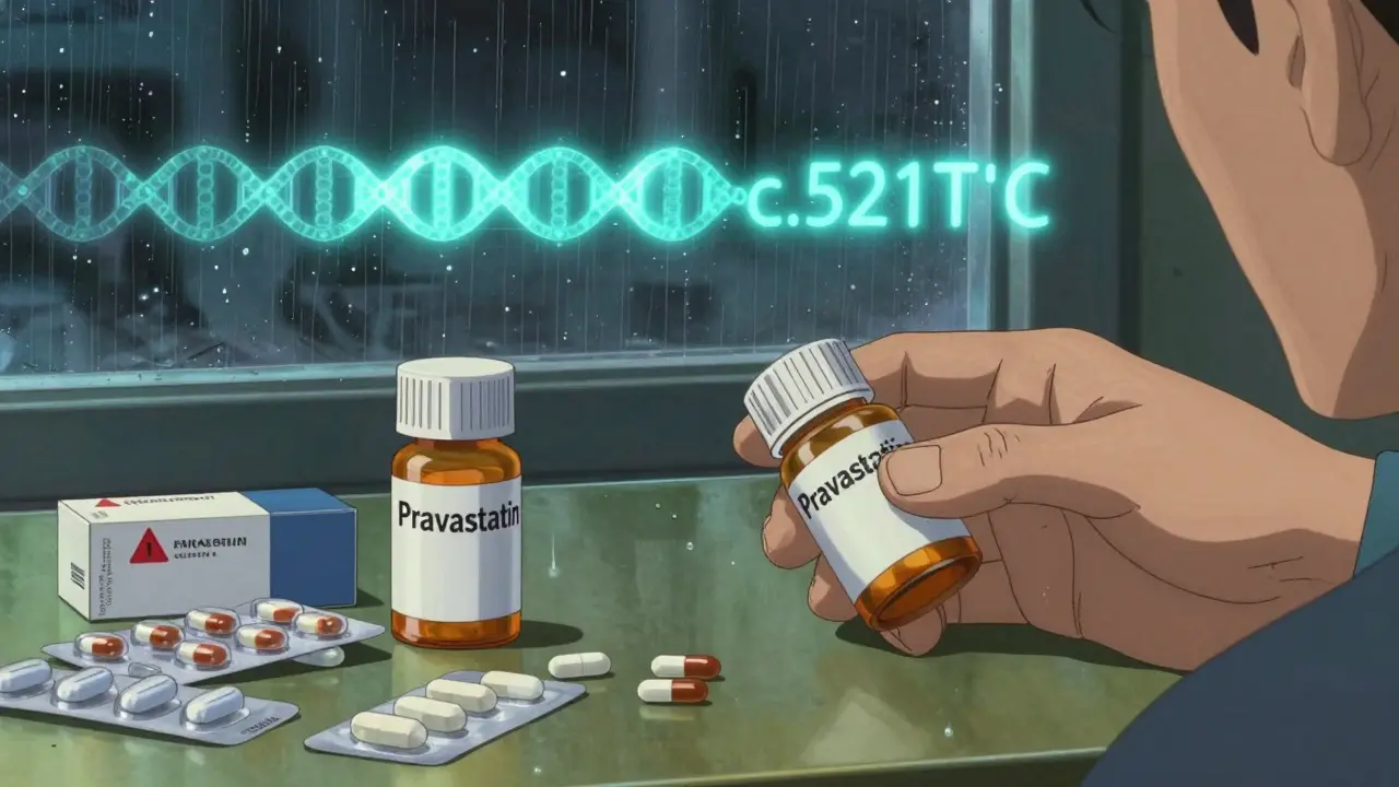 Hand holding pravastatin bottle beside other medications, holographic gene strand glowing above, rain on window.