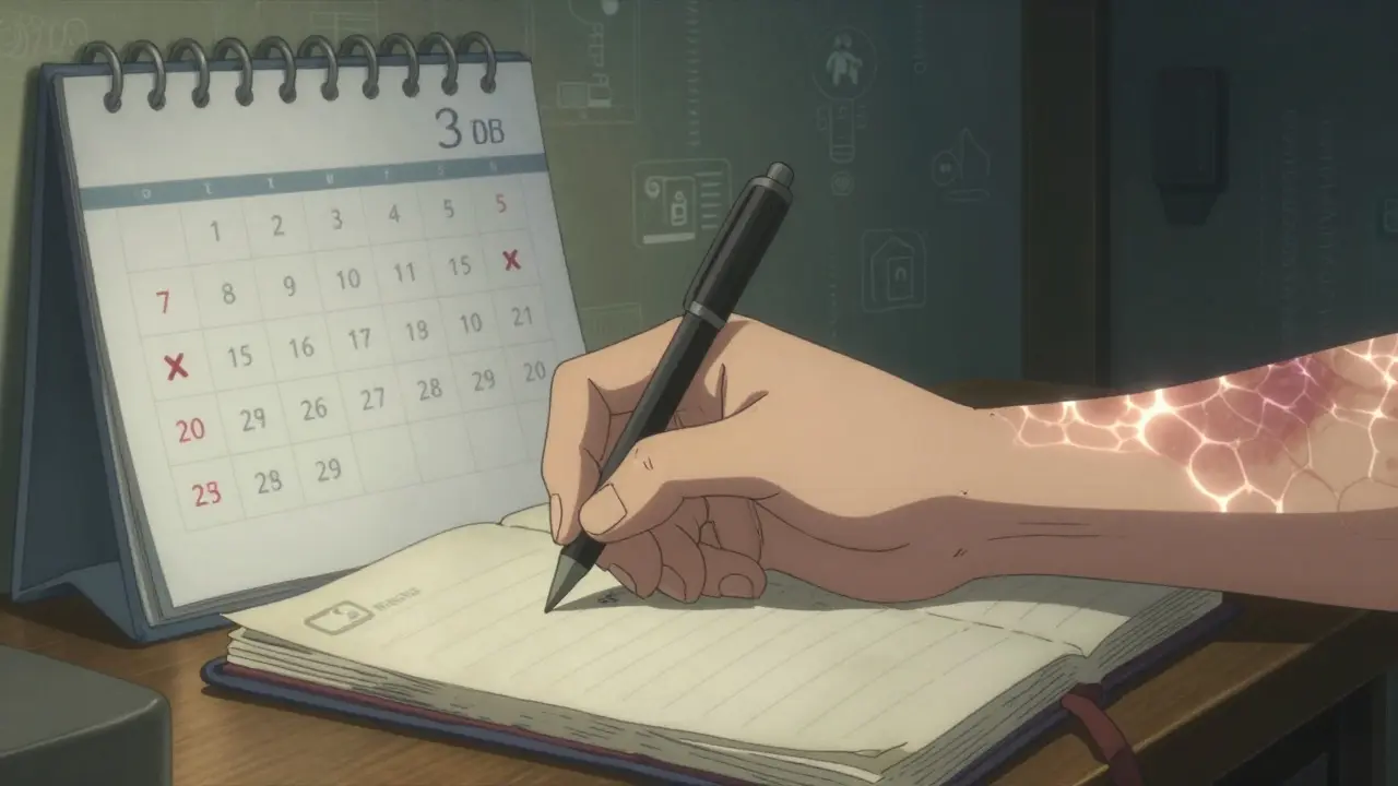 Hand writing symptom journal under dim light, with calendar marked for delayed side effect timeline.