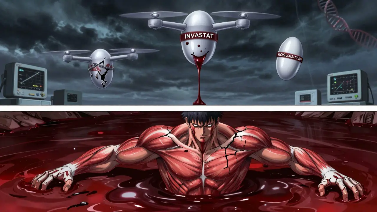 Human figure with cracking muscles and dark urine, three statin molecules flying above as symbols of risk and safety.