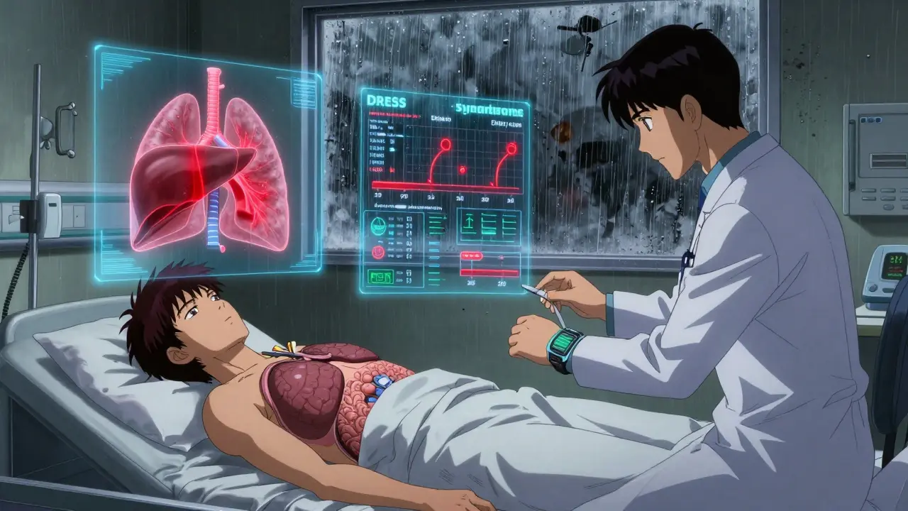 Patient in hospital with holographic internal organ warnings and biometric data floating in air.