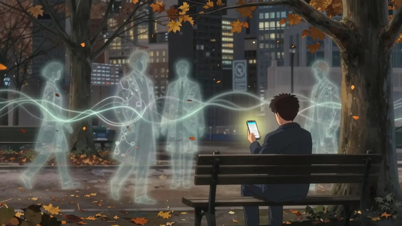 Patient receives a digital safety alert on their phone while ghostly medical professionals drift through the city behind them.