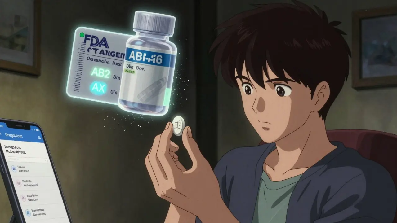 Person holding pill with FDA Orange Book ratings floating above in glowing codes.