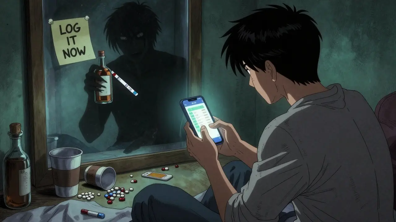 Person logging meds at night, shadowy figure of risky behavior behind them, sticky note on mirror.