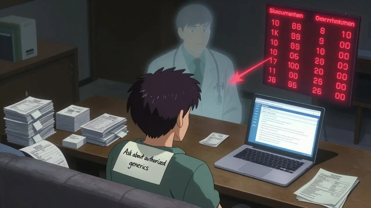 Person surrounded by receipts and denial notices, with a note about generics and a fading pharmacist ghost.