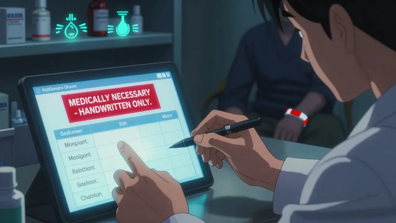 Pharmacist's hands documenting a substitution with a red 'medically necessary' warning on screen.