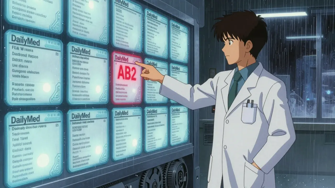 Pharmacist examining FDA drug labels on a digital wall with AB2 rating highlighted.