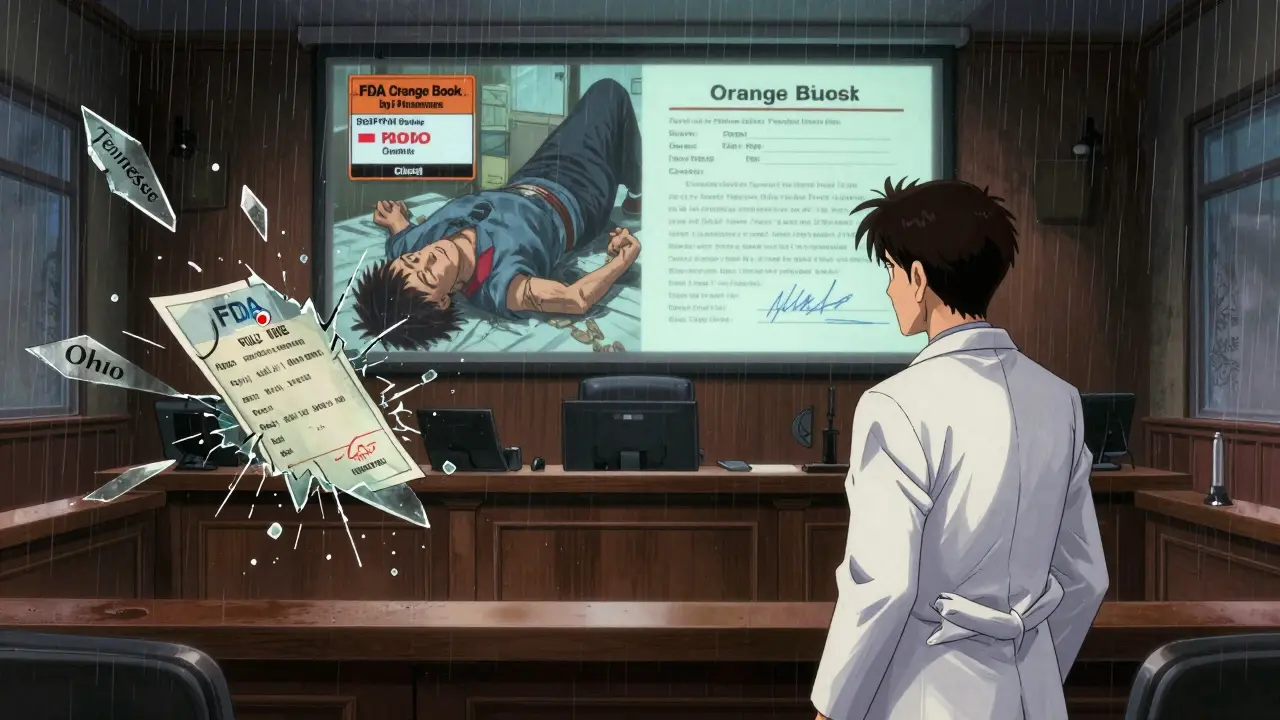 Pharmacist facing a state pharmacy board with floating state law shards and a patient collapsing in the background.