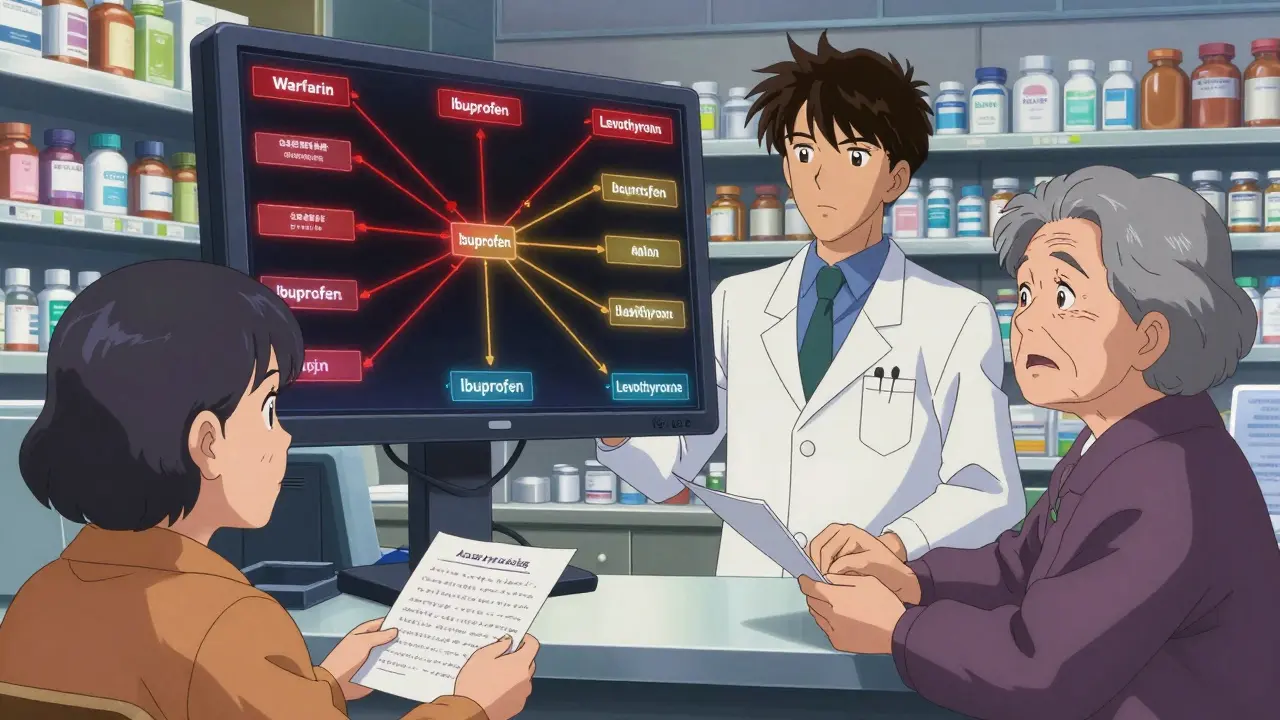 Pharmacist reviewing drug interactions on a digital screen in a well-lit pharmacy.