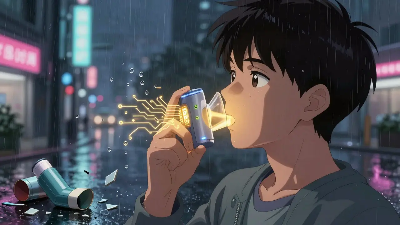 Smart inhaler with glowing sensors syncing to perfect breathing rhythm