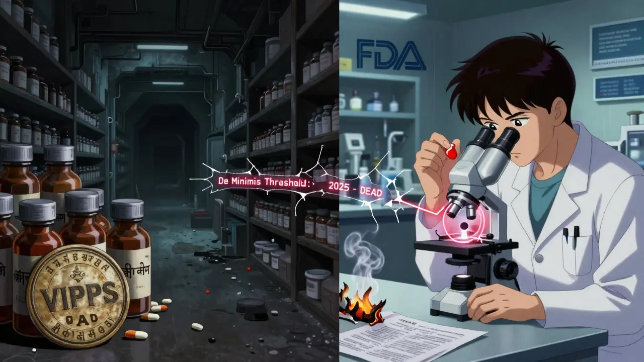 Split scene: underground pharmacy in India and U.S. FDA lab examining pills, connected by a broken 'De Minimis' thread.