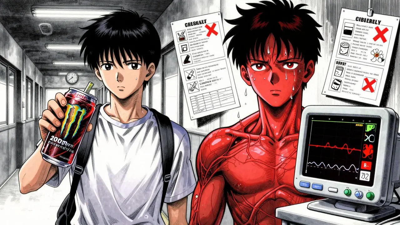 Teen holding energy drink with heart monitor spiking into red danger zone in hospital setting.