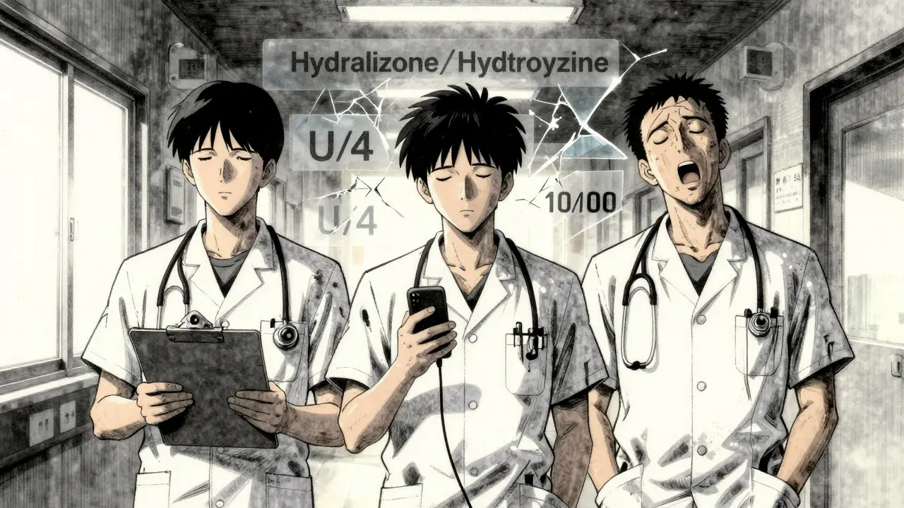 Three healthcare workers in silent read-back pose, dangerous drug names float and crack like glass behind them.