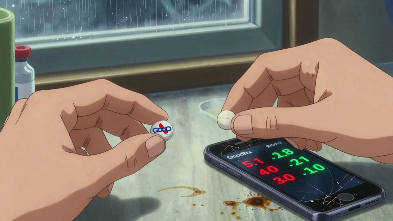 Two identical pills side by side with brand and generic labels, smartphone showing price comparisons.