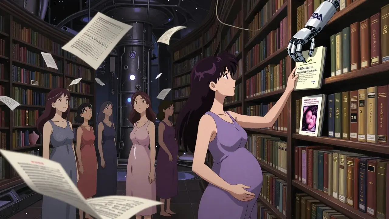 Women in an infinite library of drug books, with animated fetal and milk data streams, under an FDA robotic arm placing new information.