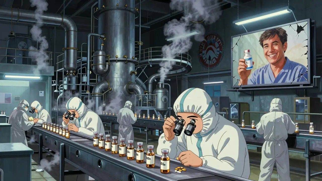 Workers inspect pharmaceutical ingredients in a massive, smoky factory under harsh lights.