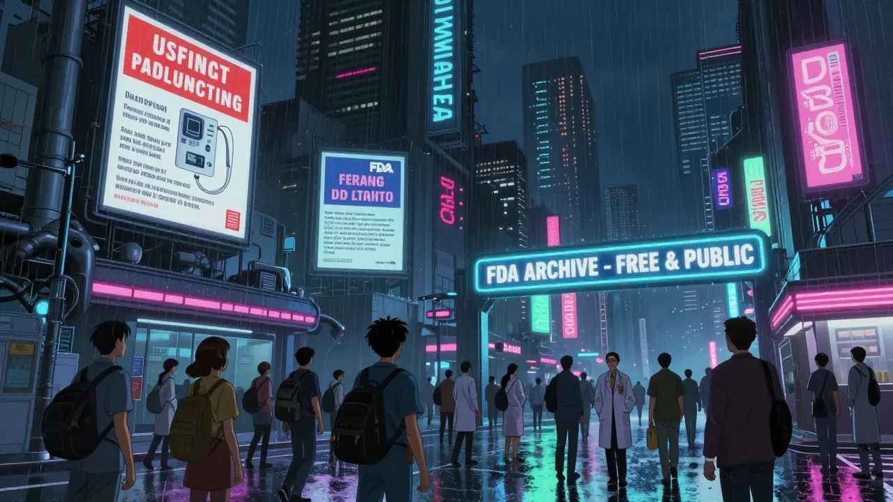 A cyberpunk city where FDA safety alerts glow on billboards above a crowd of patients and doctors under a public archive arch.