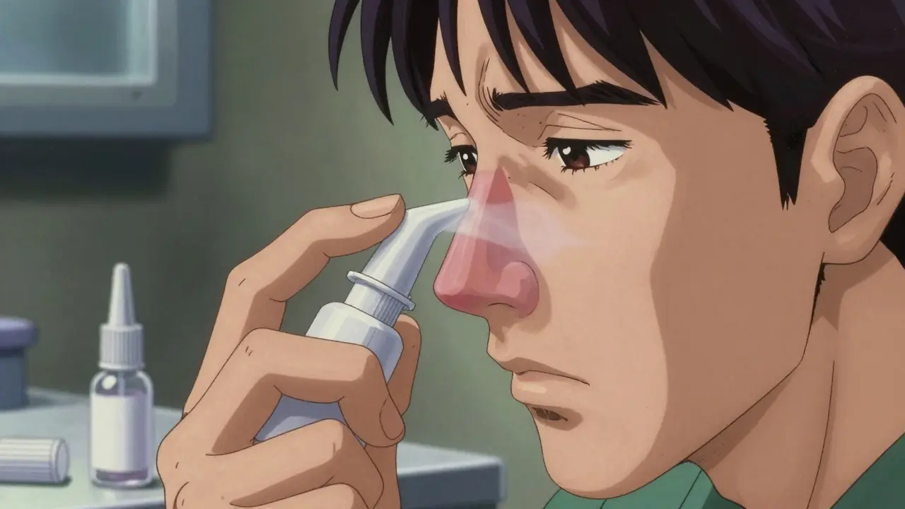 A hand correctly using a nasal spray, with detailed anatomy showing mist reaching inflamed tissue.