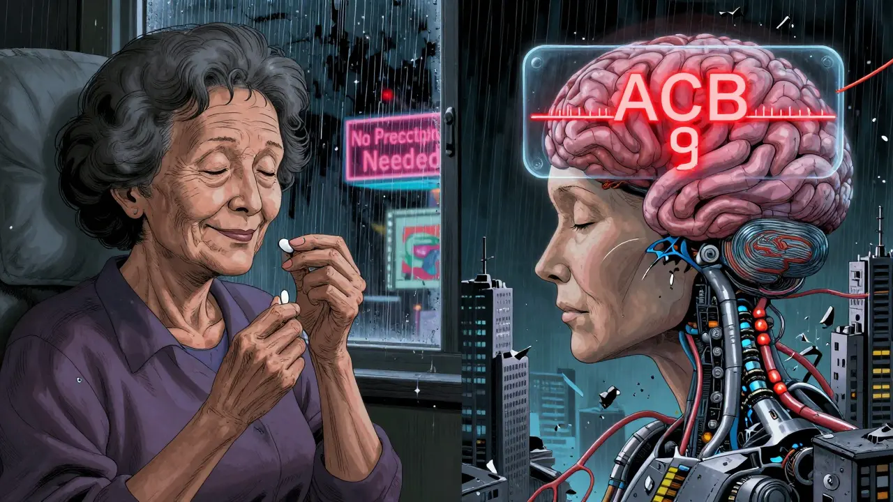 A split scene showing a woman taking a sleep pill while her brain appears as a crumbling mechanical city with ACB score '9'.