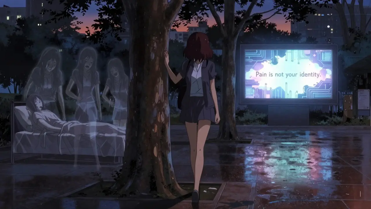 A woman walks in a park at dusk, ghostly images of her past self fading behind her as city lights reflect on wet ground.