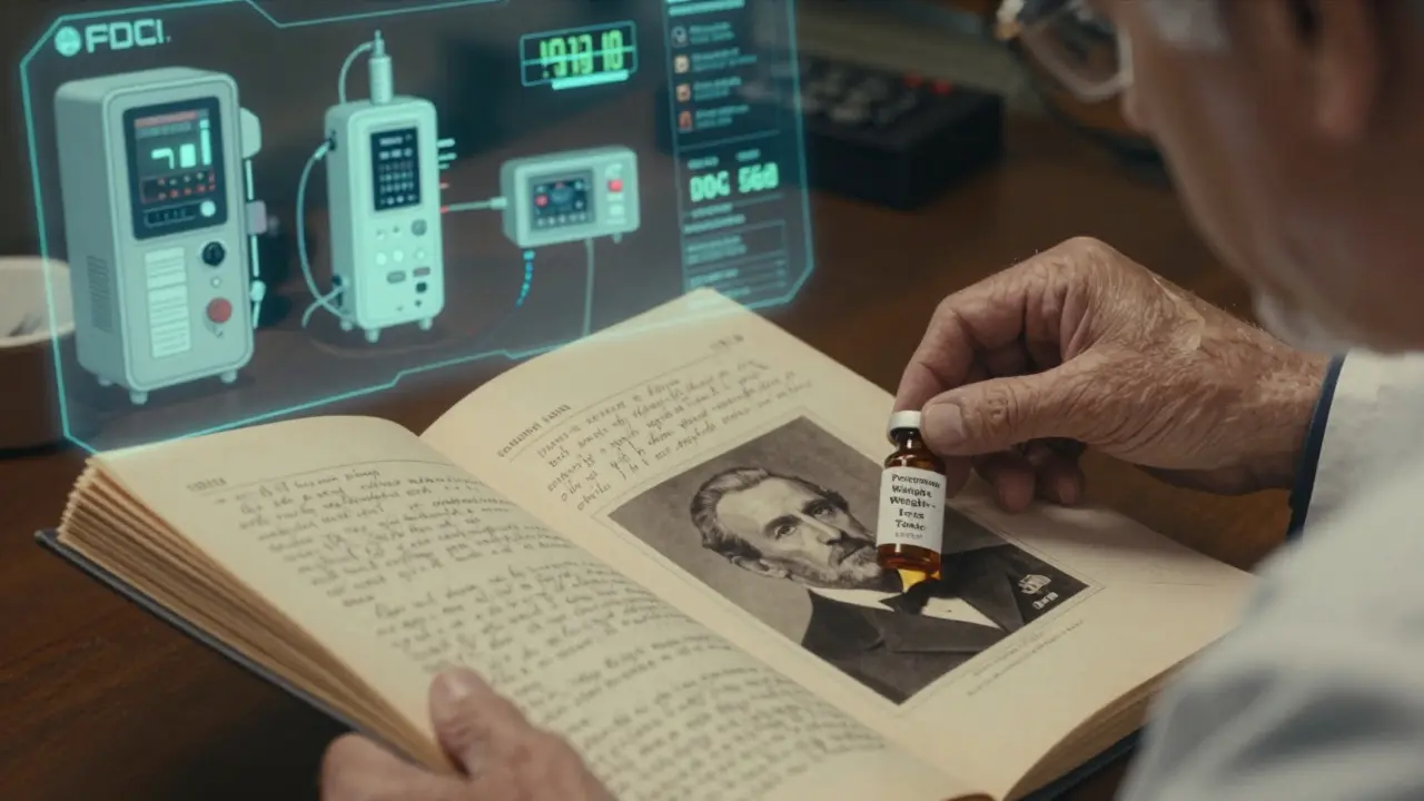 An elderly chemist examining a 1914 FDA archive folder with handwritten notes on dangerous weight-loss tonics.