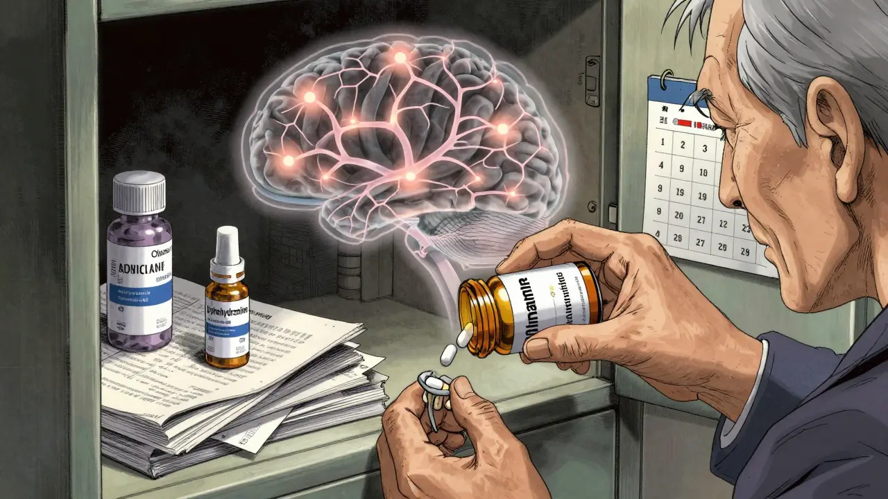 An elderly man's hand dropping a diphenhydramine bottle into a cluttered medicine cabinet as neural pathways fade behind him.