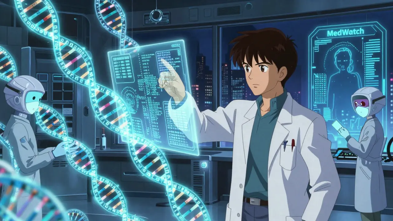 Biobank with glowing DNA and blockchain chains, scientist analyzing genomic patterns under AI avatars and MedWatch portal.