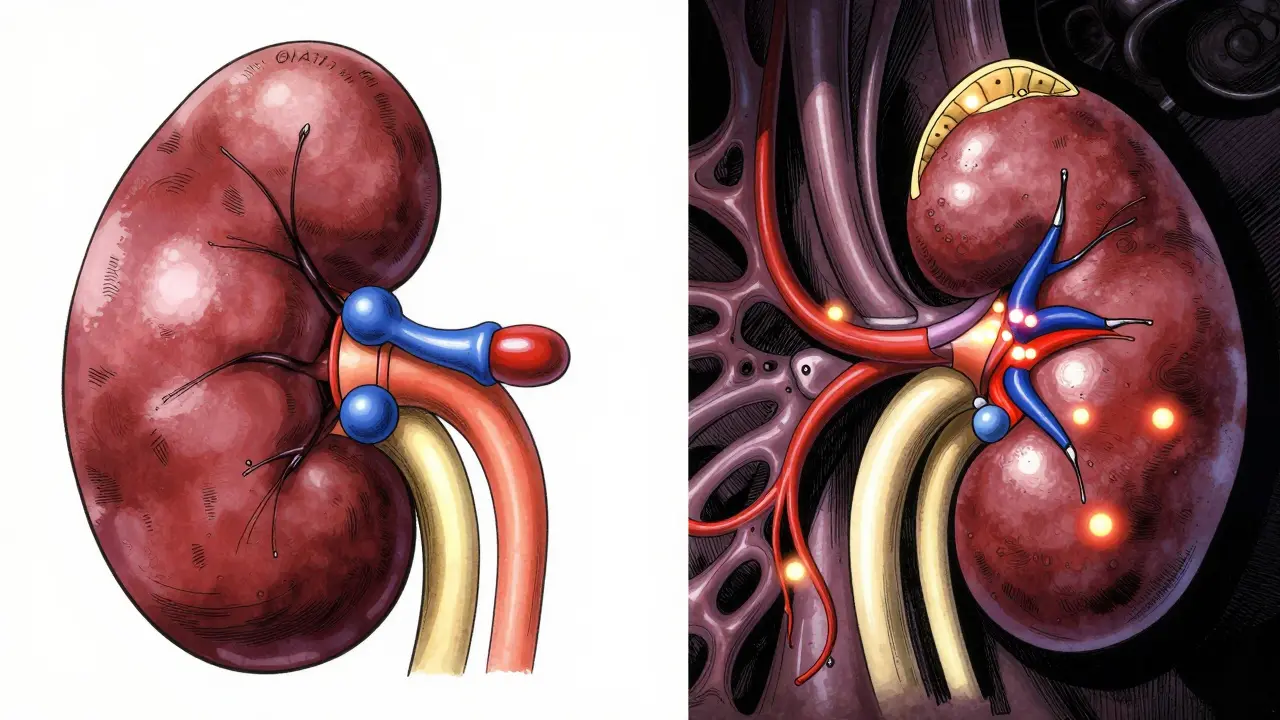 Detailed cross-section of kidney showing thiazide blocking uric acid transporters, bio-mechanical style.