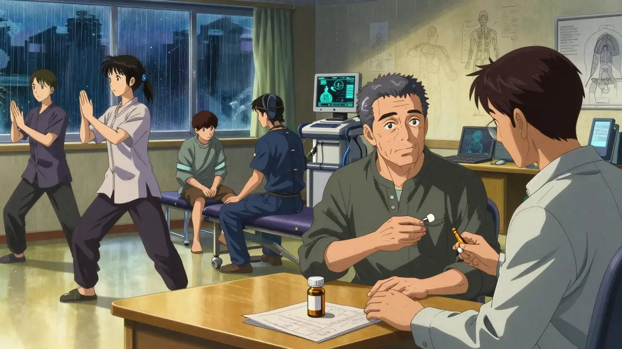 Diverse patients in a rehab center practice tai chi and biofeedback, with a veteran placing opioids on a table.