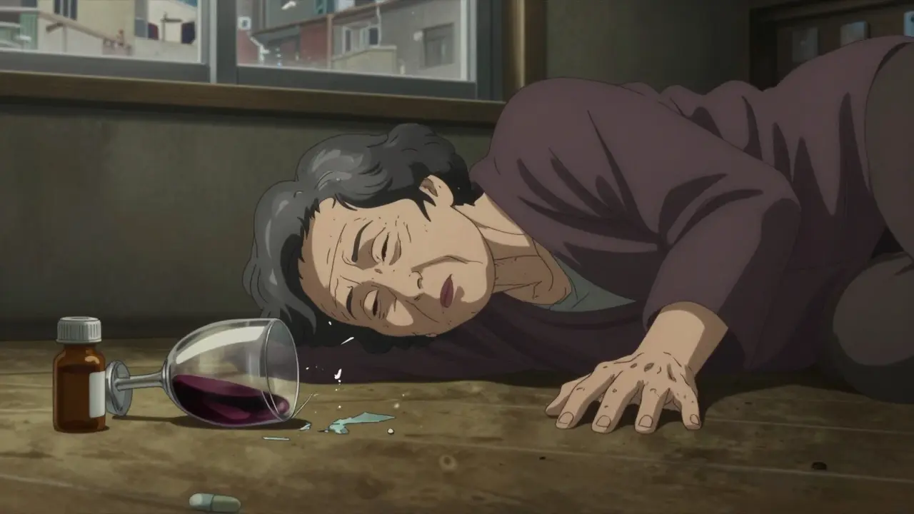 Elderly woman falling in bedroom with wine glass and pill bottle.