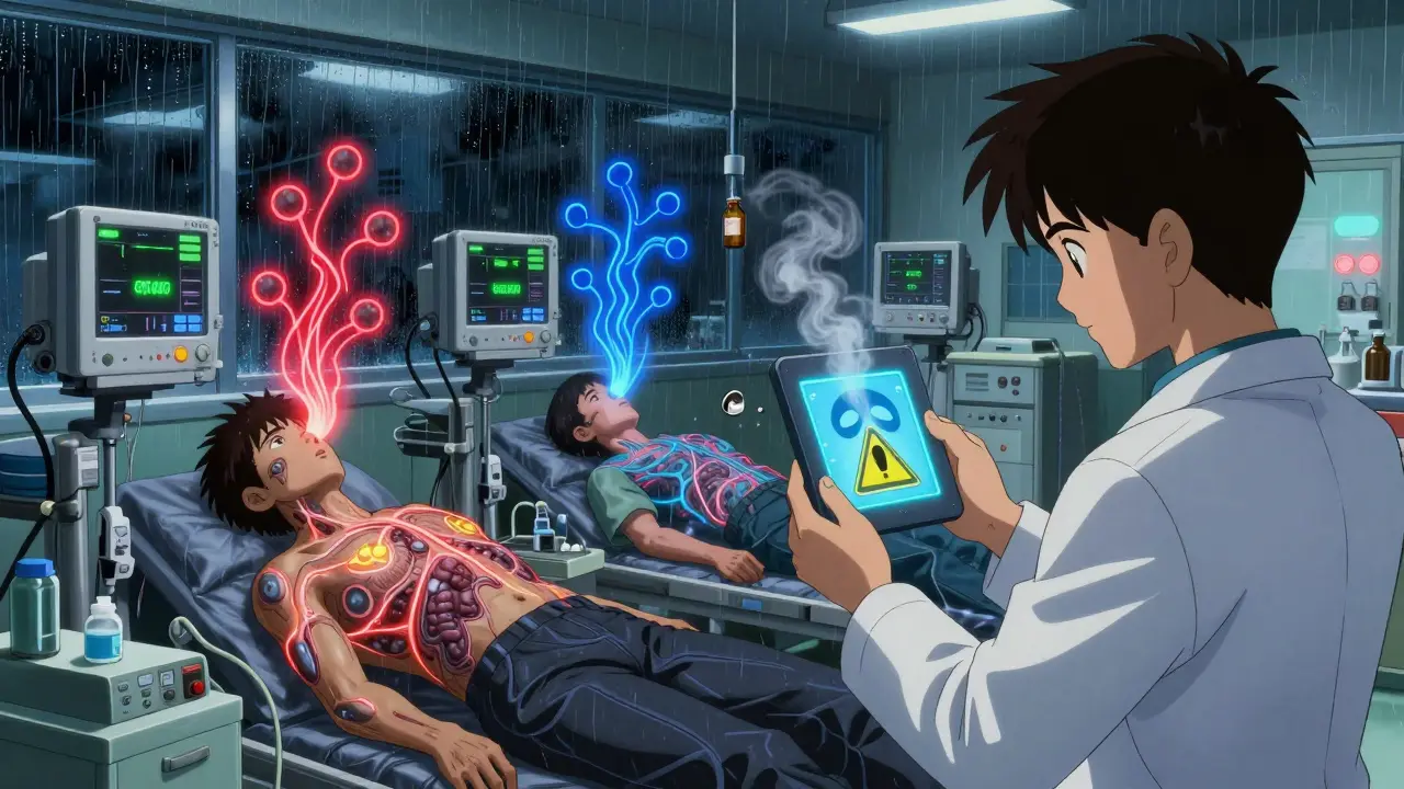 ER scene with glowing neural pathways colliding above patients, pharmacist holding a warning tablet in the foreground.