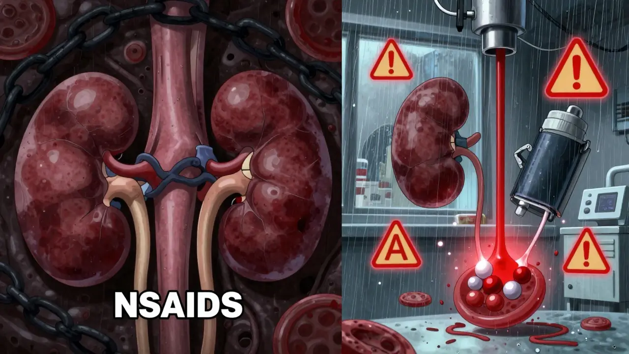 Microscopic view of constricted kidney blood vessels and struggling molecules under dim hospital lighting.