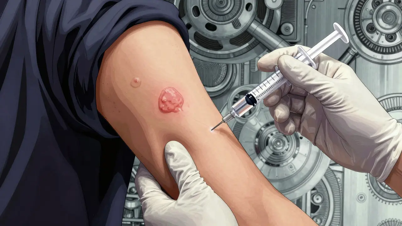 Patient receiving biologic injection on psoriasis-affected arm with mechanical syringe details
