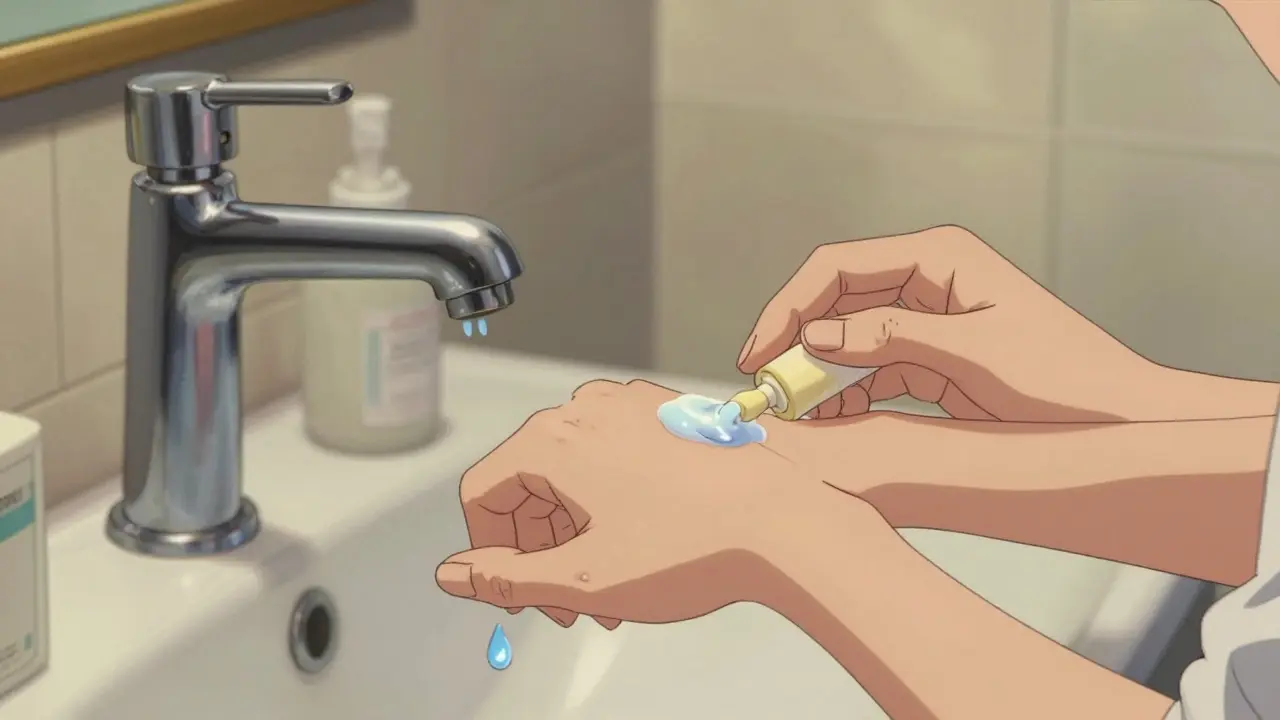 Person applying moisturizer to forearm in bathroom with detailed faucet and water droplets