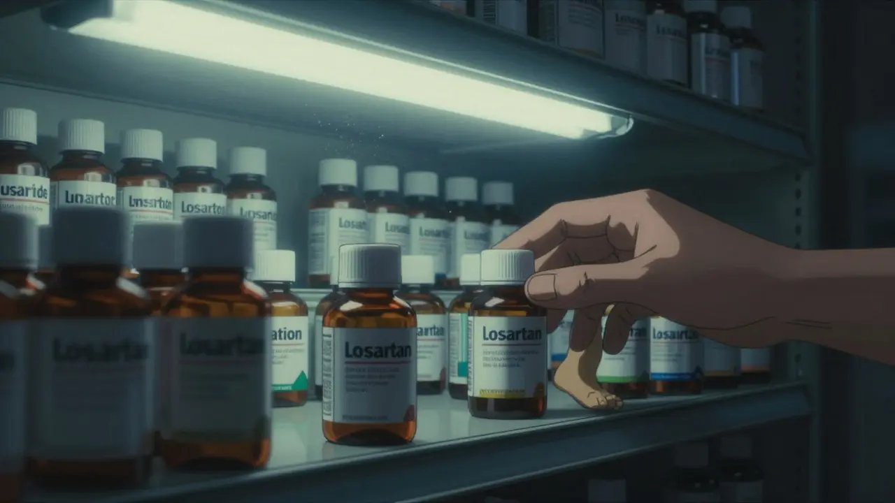 Pharmacy shelf with thiazide bottles glowing under light, alternative meds in shadow, noir aesthetic.