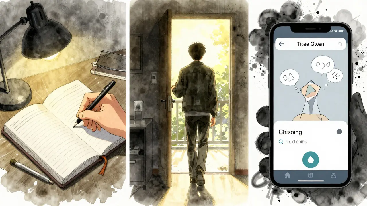 Three scenes showing CBT in action: journaling, stepping into sunlight after exposure, and using a guided breathing app.