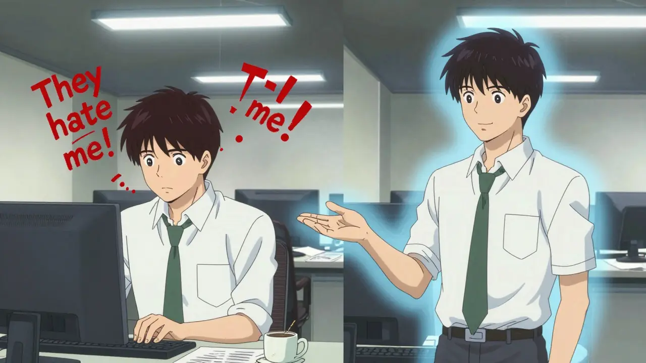 Two contrasting versions of the same person at work — one anxious and overwhelmed, the other calm and helpful.