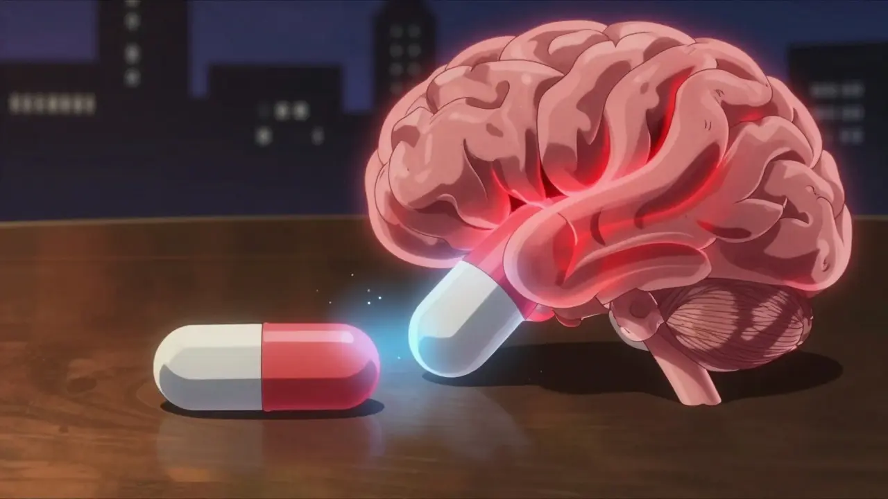 Two pills interacting with blood-brain barrier schematic.