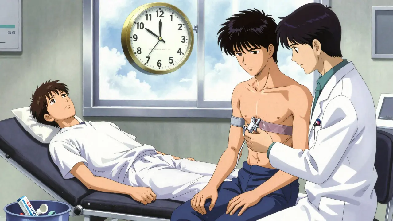 A doctor performing rubber band ligation while an OTC product is thrown away, with a seven-day clock in the background.