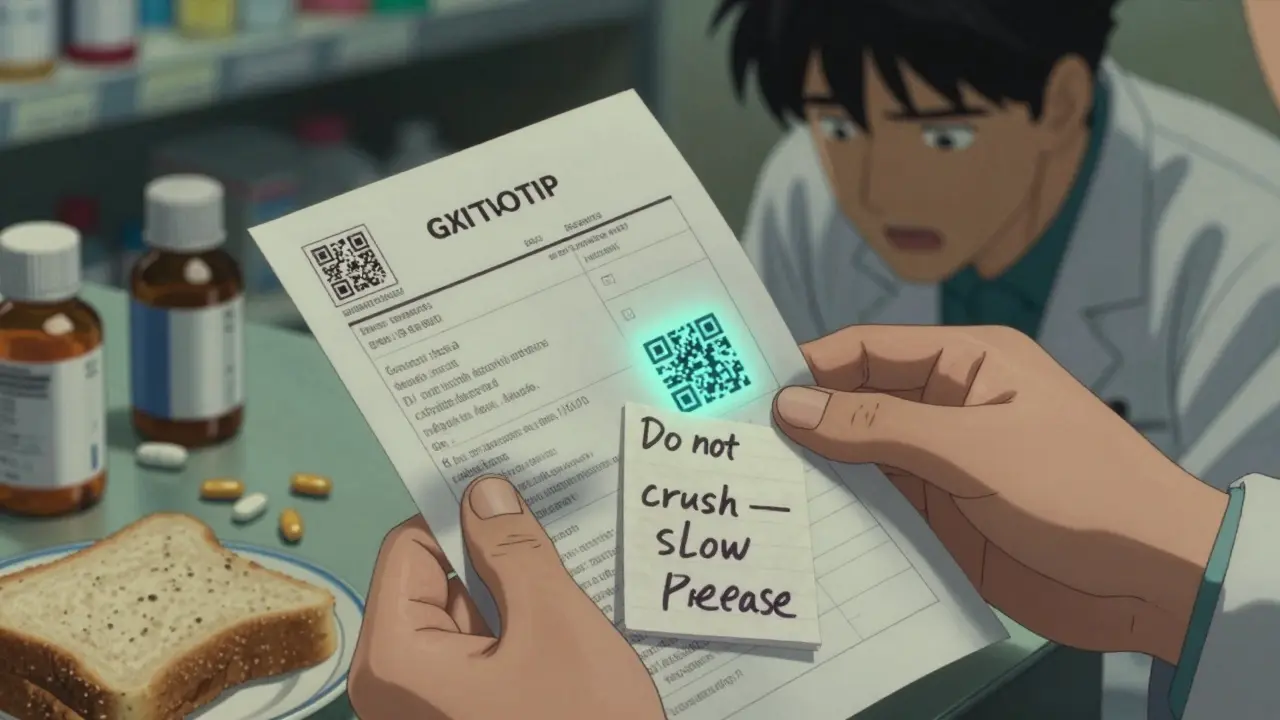 A hand holding a medication list beside scattered pill bottles under dim lighting, with a QR code on a prescription label