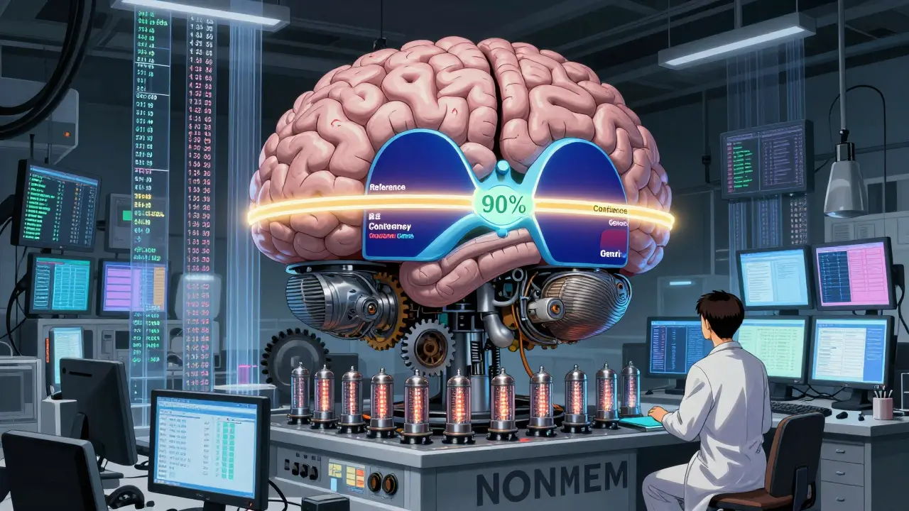 A mechanical NONMEM console processing patient data streams in a cluttered pharmacometrics lab, showing drug equivalence curves.