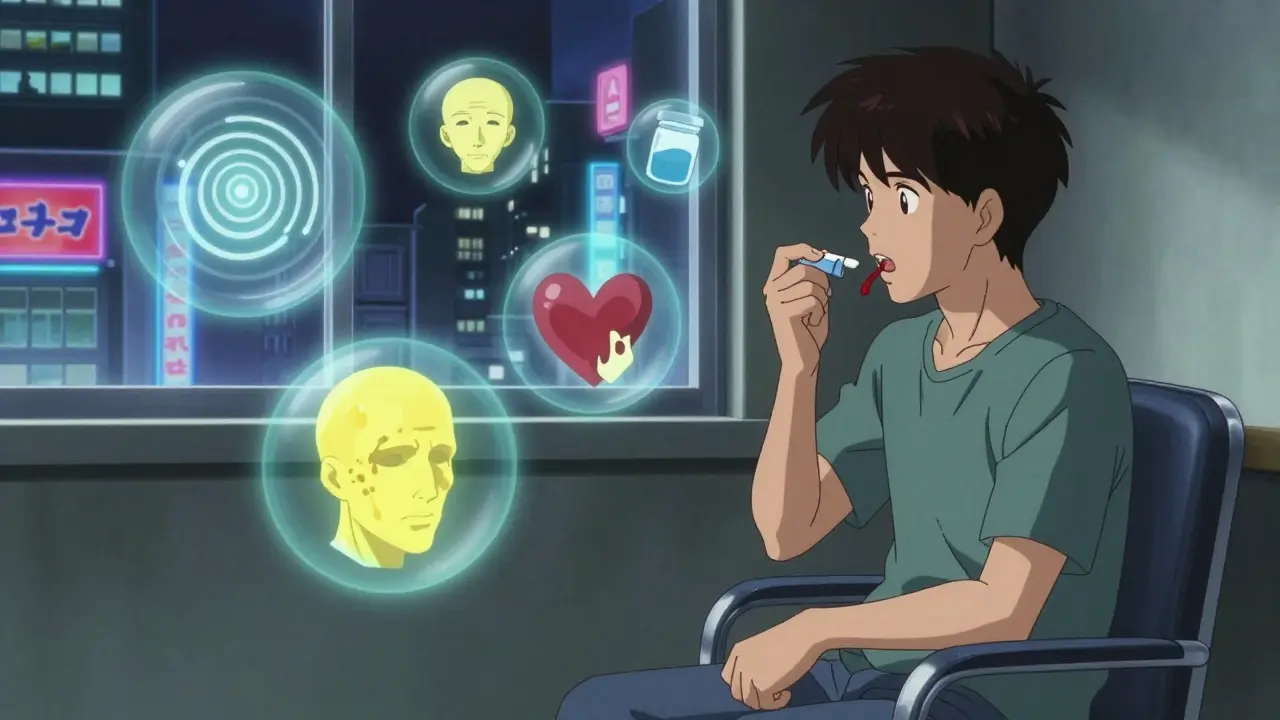 A person repeating medication instructions aloud as ghostly side effect icons float around them in a quiet consultation room