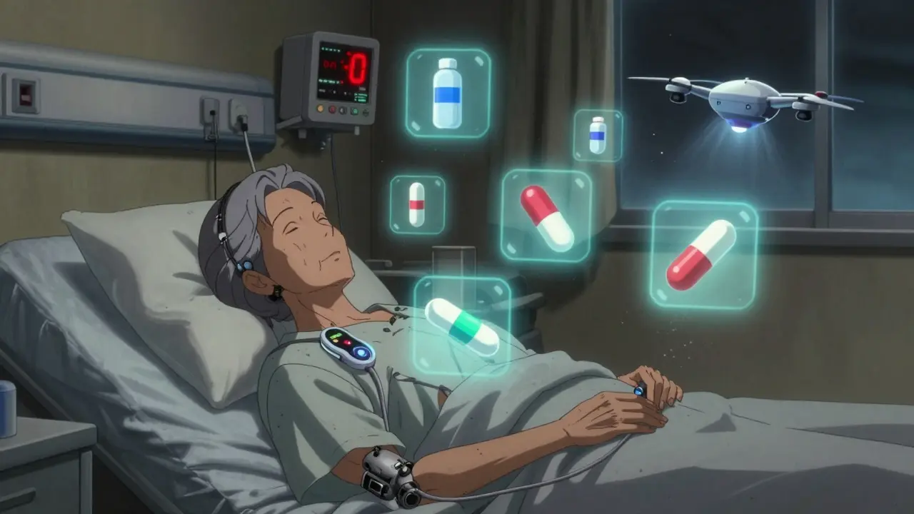An elderly woman in bed with floating medication icons and a glowing temperature monitor above her.