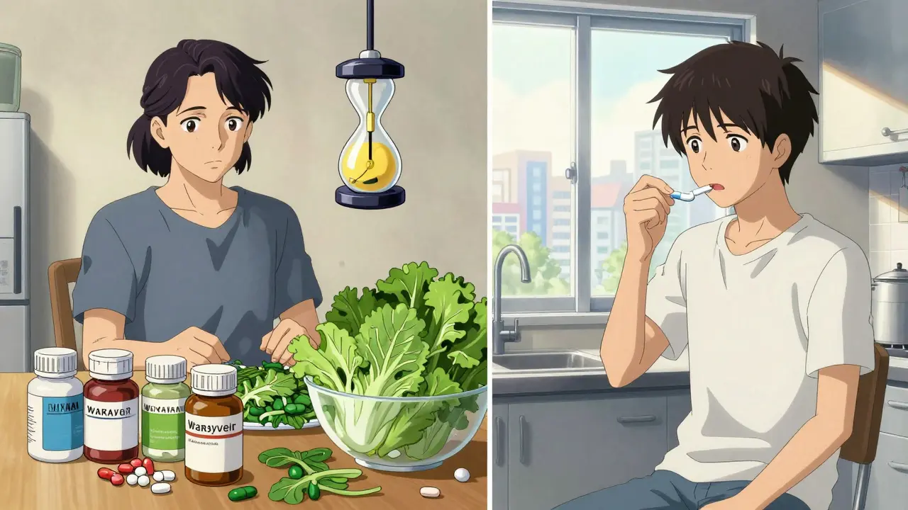 Contrasting home environments: one cluttered with warfarin and food, the other clean and calm with a DOAC pill and sunlight.