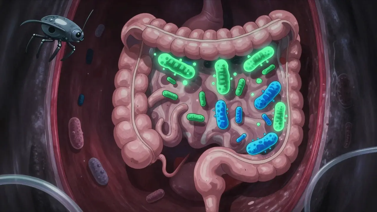 Cross-section of small intestine showing bacterial overgrowth with glowing microbes